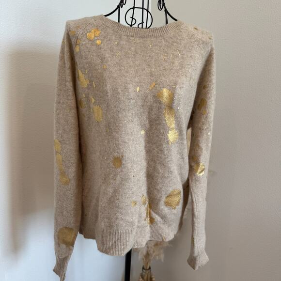 Brodie Cashmere Sweaters - Brodie Fine Cashmere Sweater Size S Beige with Gold Paint Splatter Design